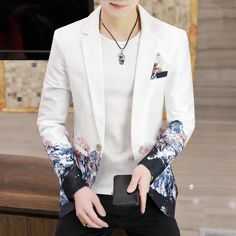 Autumn New Print Fashion Handsome Fashion Fashion Banquet Boutique  Korean Version Slim Casual Single West  Men Blazer Slim Fit 3