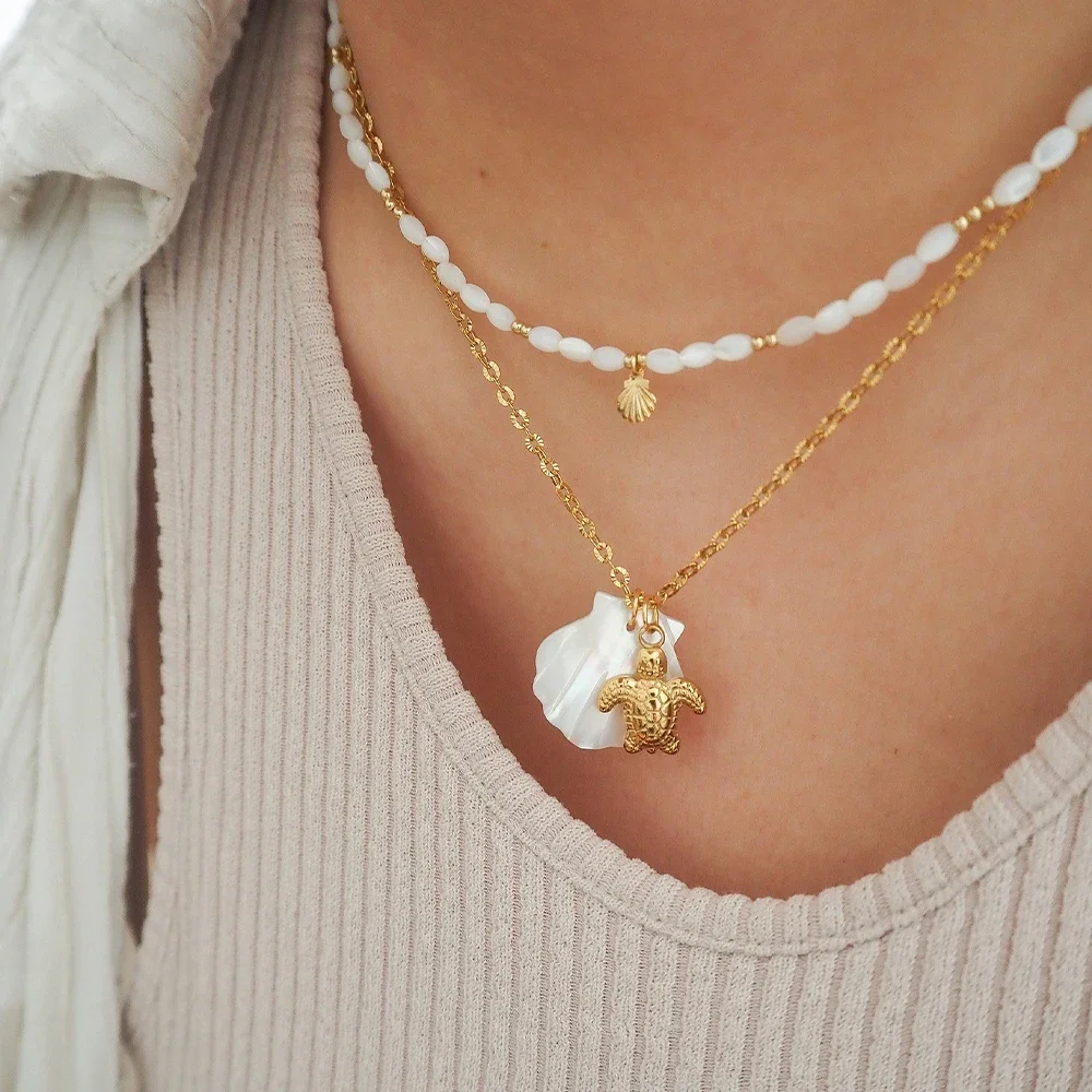 Boho Big White Shell Pendant Neckalce Gold Color Conch Sea Turtle Star Stainless Steel Choker Waterproof Beach Summer Jewelry