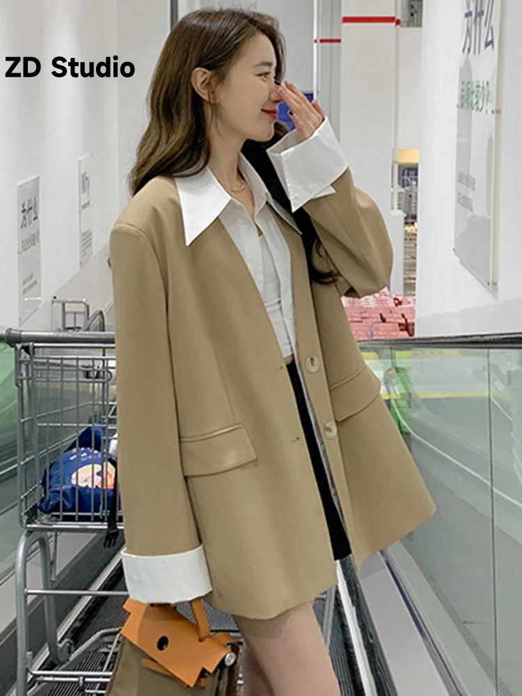 

[ZD Studio] Fashion Patchwork Blazers Women Contrast Color Lapel Single Breasted Coat Vintage 2023 Autumn New Clothing 2AA1167