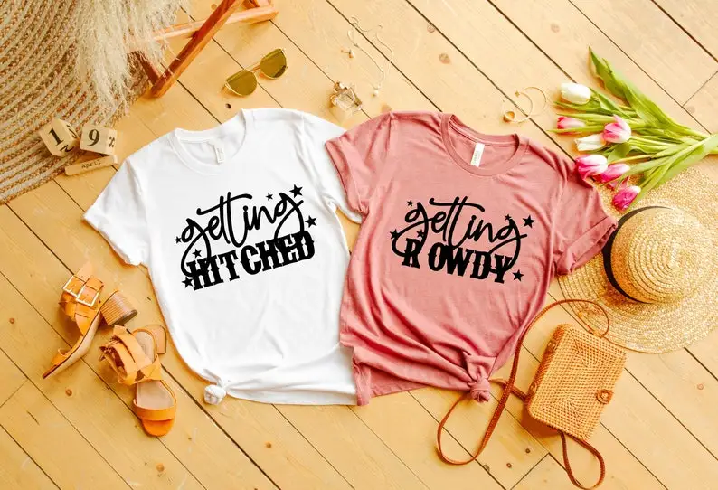 

Getting Hitched Getting Rowdy Shirt, Bridal Shirt, Bachelorette Party Cowgirl Bride Bridal Party Bachelorette 100% Cotton Shirt