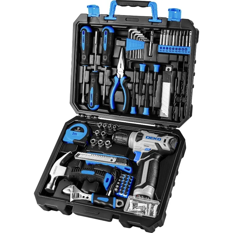 dekopro-drill-set-tool-set-with-8v-blue-cordless-drill-home-tool-kit-with-drill-hand-tool-kits-for-women-126-piece