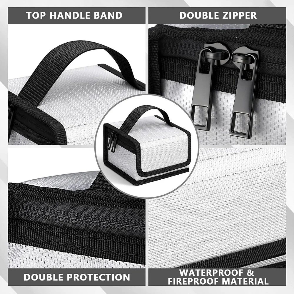 Sac de transport ignifuge et imperméable pour batterie drone Lipo, détail du tissu résistant à 2000°F et de la fermeture étanche.