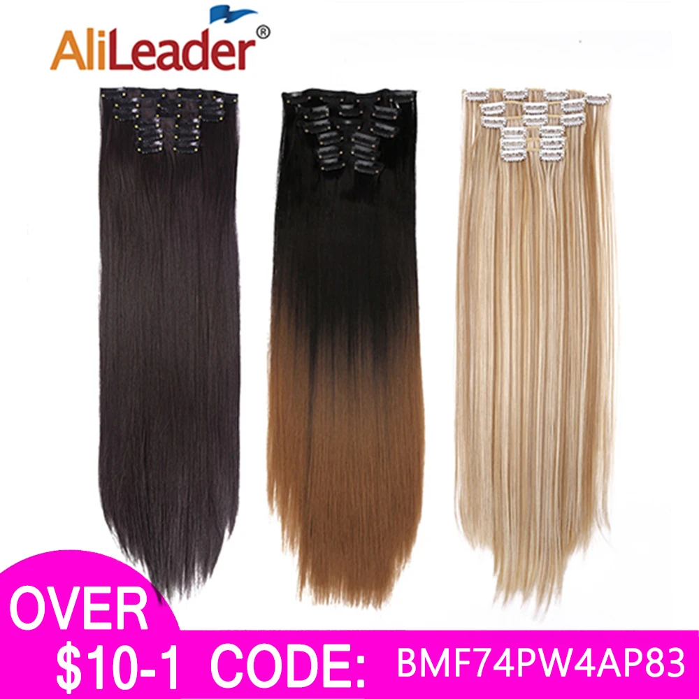 Alileader Synthetic Clip On Hair Extension 6Pcs/Set 22inch Straight Hairpiece Curly 16 Clip In Hair Ombre Heat Resistant Fiber image_0