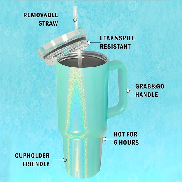 Tasse thermos en acier inoxydable de 40Oz, avec couvercle à poignée et paille isolée, peinture arc-en-ciel, tasse de voyage pour boissons chaudes et froides en plein air 4