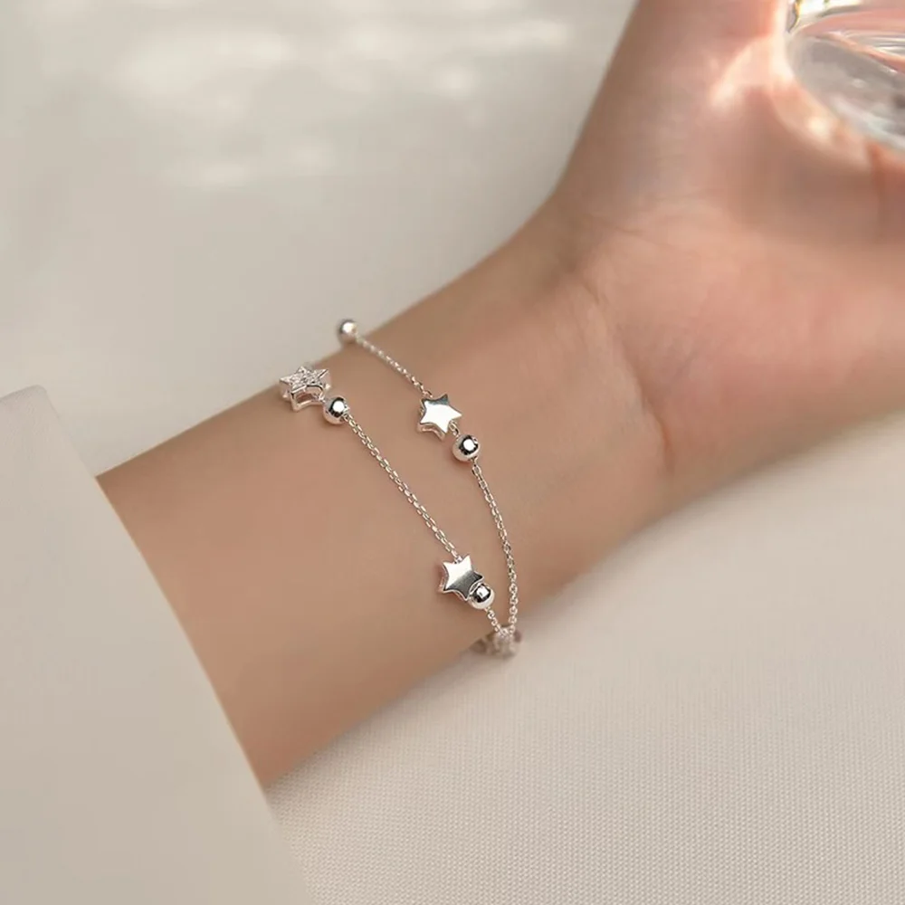 Stars Bracelet 925 Stamp Silver Color Star Bracelet Fashion Korean Five-pointed Stars Crystal Double Bracelet