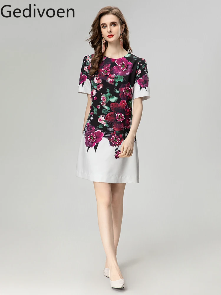 

Gedivoen Fashion Designer Summer Women's Dresses O-Neck Collar Printing Floral Above Knee Office Lady Empire A-LINE Dress