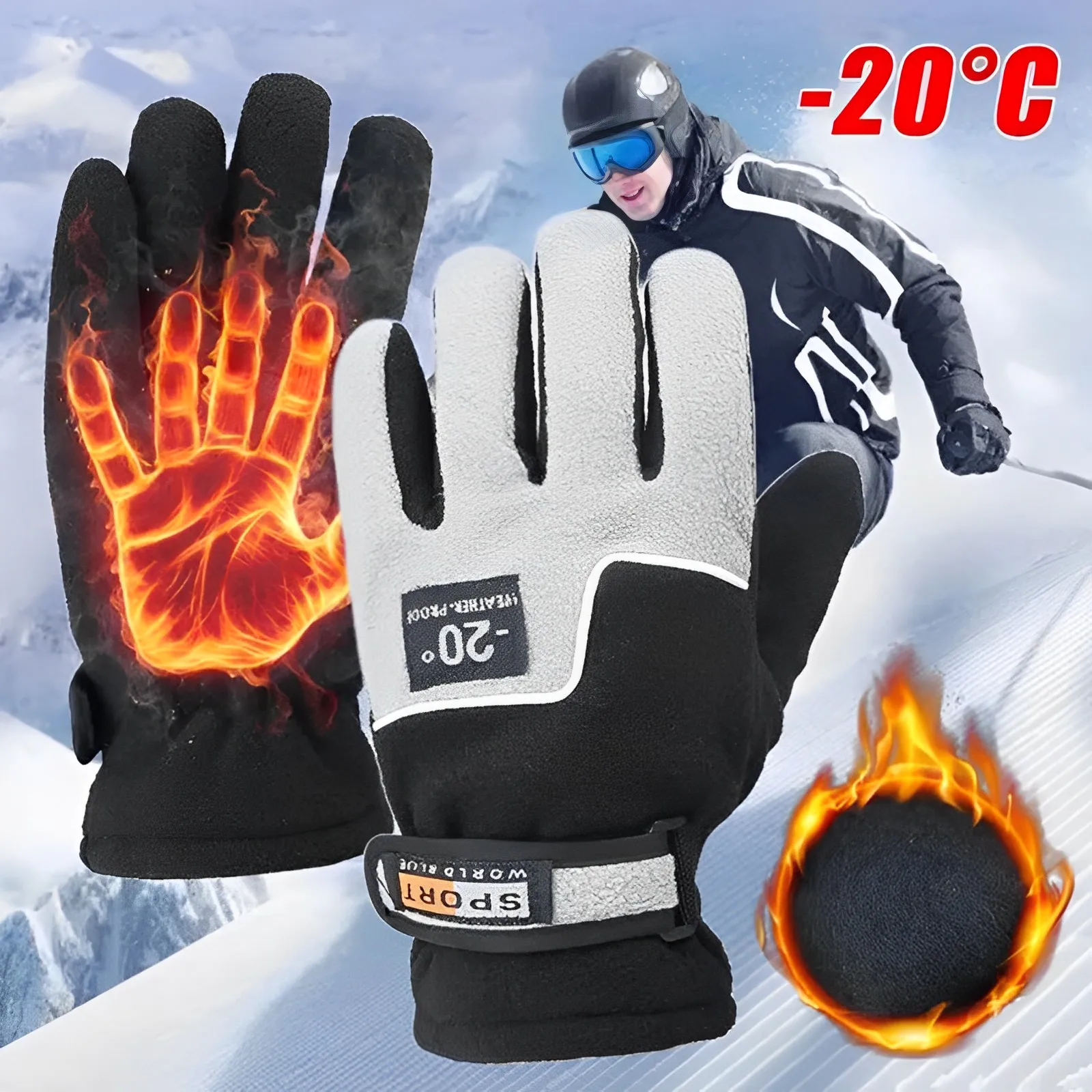 

Polar Fleece Warm Gloves for Men Cycling Skiing Wool Glove Extreme Cold Weather -20℃ Windproof Waterproof Gloves Sports Mittens