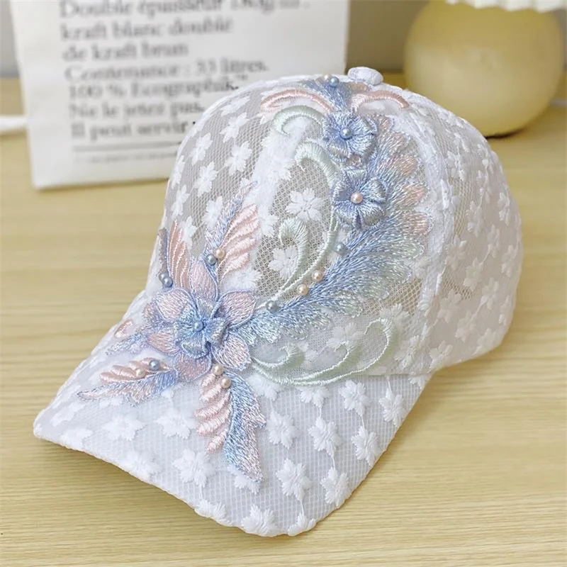 

Summer Ladies Lace Baseball Cap Embroidered Flowers Mesh Breathable Duck Tongue Hat Sunscreen Sunshade Hat Rebound Cap