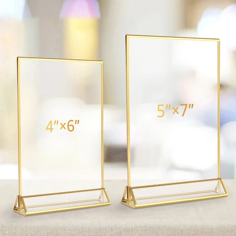 Transparent Acrylic Signage Display Stand Multipurpose Double-sided Gold Frame Wedding Number Plate Table Flyer Menu Card Rack acrylic signage stand