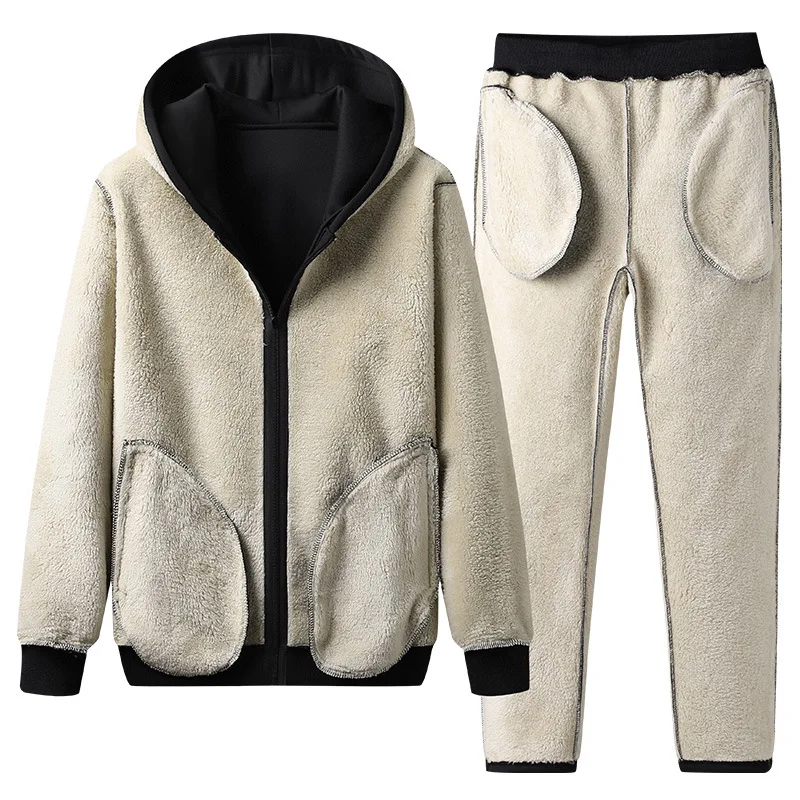 

2023 Sport Suit Lambswool Running Sets Jogging Fleece Hooded Jacket+Pant Warm Fur Inside Korean Thicken Windbreak Tracksuit