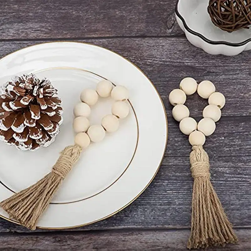 

Natural Wood Beads For Table Art Napkin Rings Setting With Jute Tassels For Serving Dinner Stretchy Hand-Woven Napkin Holders