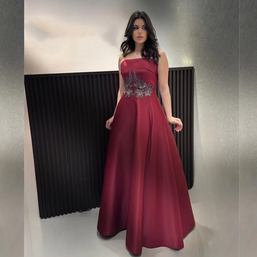 

Evening Prom Dress Saudi Arabia Satin Sequined Beading Ruched Graduation A-line Strapless Bespoke Occasion Gown Long Dresses