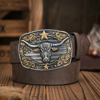 Men - Women - Western Denim - pu leather - Belt - Vintage jeans with floral carved buckle belt 1