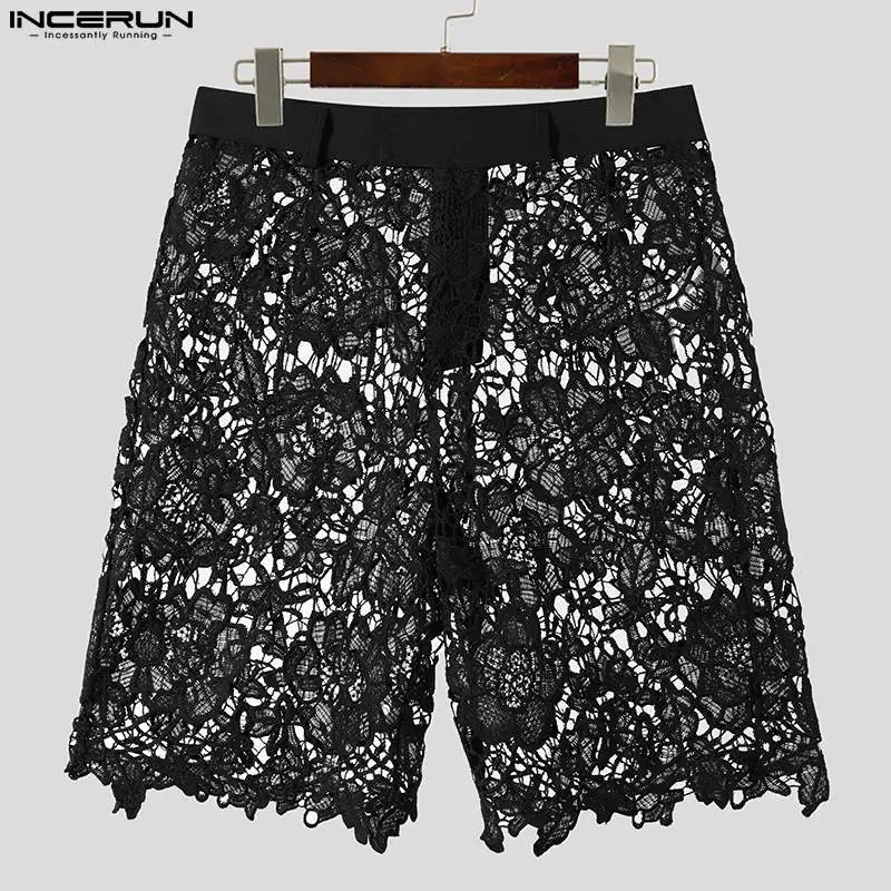 Stylish Well Fitting Men's Shorts INCERUN Lace Printed Hollow Design Shorts Casual Party Show Sexy See-through Mesh Shorts S-5XL