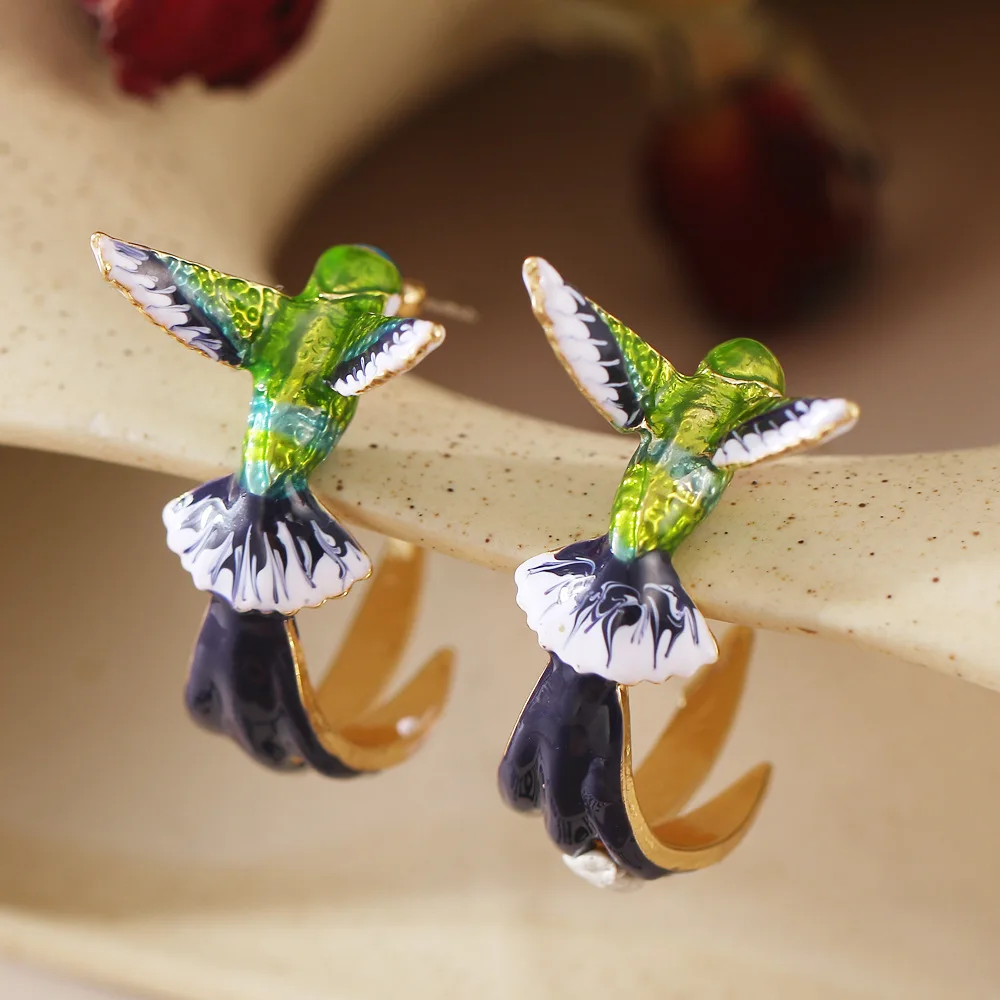 Timlee E106 New Popular Cute Animal Bird Hummingbird Alloy Drop  Earring  Jewelry Wholesale
