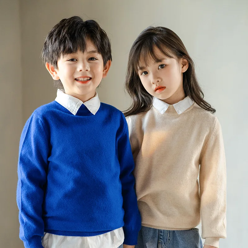 남아 여아 100% 메리노 울 스웨터 어린이 가을 겨울 일류 레디 투 웨어 크루넥 긴팔 무봉제 스웨터