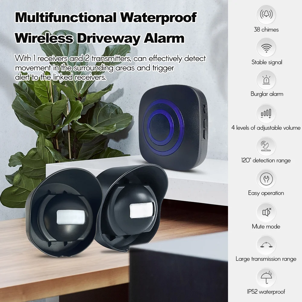 Multifunctional Wireless Driveway Alarm Waterproof Outdoor Motion Sensor Alarm 1 Receiver 2 Transmitters with 38 Chimes