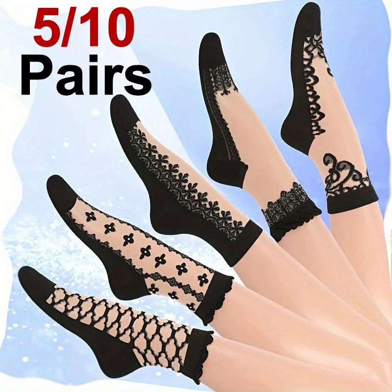 Women's Lace Socks 5/10 Pairs Mid Tube Crystal Retro Floral Pattern Summer Lightweight Wear-Resistant Breathable Casual Socks