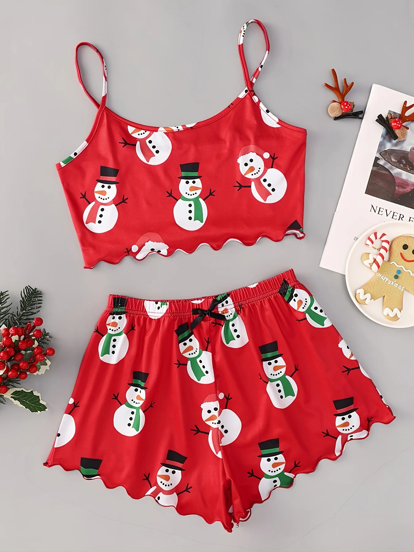 

New Summer Sexy Women's Christmas Pajamas Hanging Strap Bra Top Shorts Snowflake Deer Home Fur Pajamas Two Piece Set