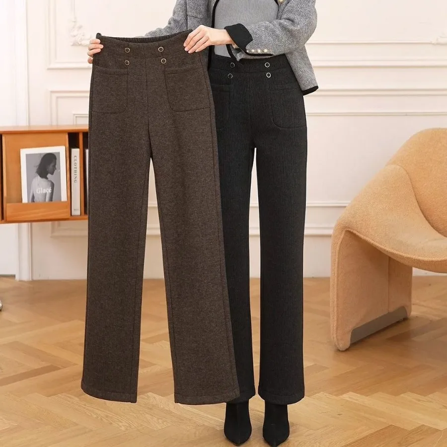 

2023 woolen velvet straight-leg pants, elasticated mid-rise, high-stretch, slim, versatile slacks, winter women's trousers