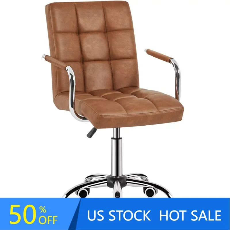

Adjustable Faux Leather Mid Back Office Chair with Armrests, Retro Brown