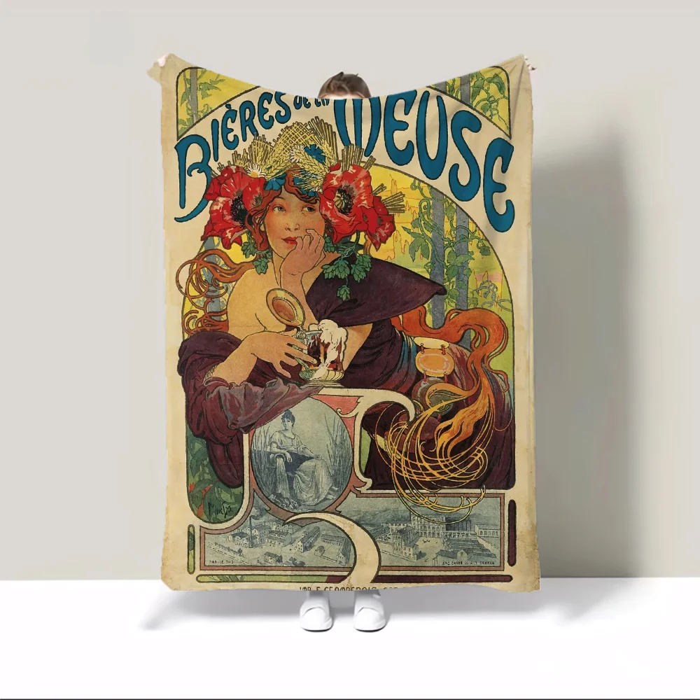 Alphonse Mucha 따뜻한 담요, 푹신하고 부드러운 담요, 캐릭터 홈 인테리어, 럭셔리 침구, 비치 타올, 니트 격자 무늬