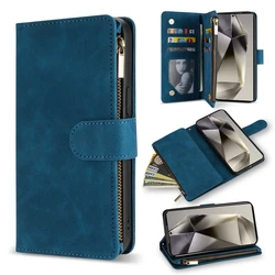Leather Multi - Card Zipper Wallet with Kickstand and Magnetic Flip Case for Galaxy S23 Ultra (Blue)
