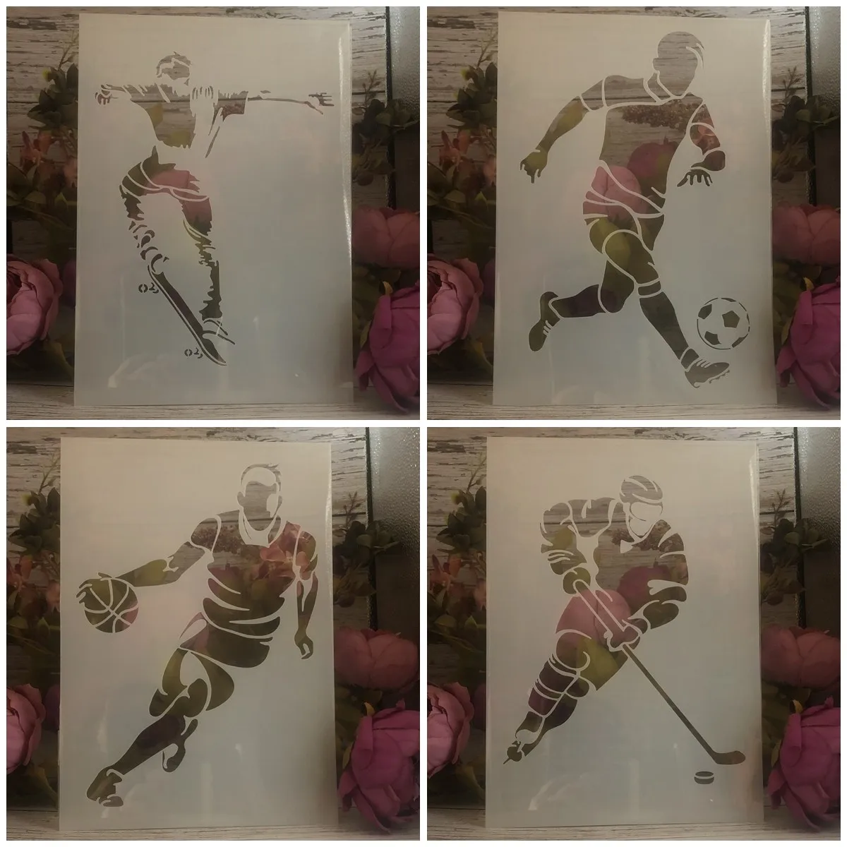 

4Pcs A4 29cm Sports Football Ice Hockey DIY Layering Stencils Wall Painting Scrapbook Coloring Embossing Album Decor Template