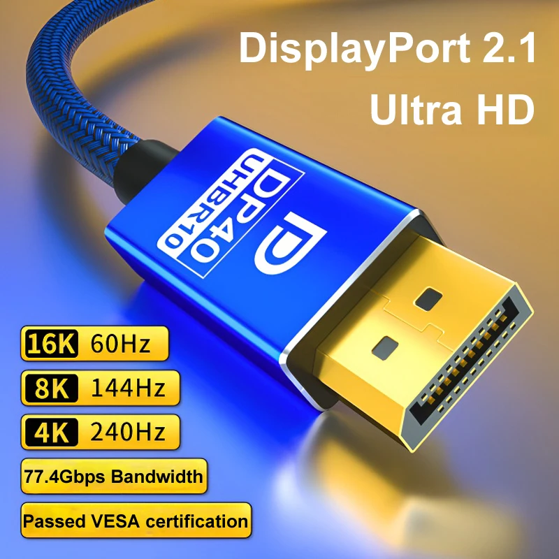 

16K Displayport DP2.1 кабель для дисплея 2,1, кабель для монитора компьютера 77,4 Гбит/с, полоса пропускания 16K @ 60 Гц 8K 4K HDR, видео, аудио кабель VESA