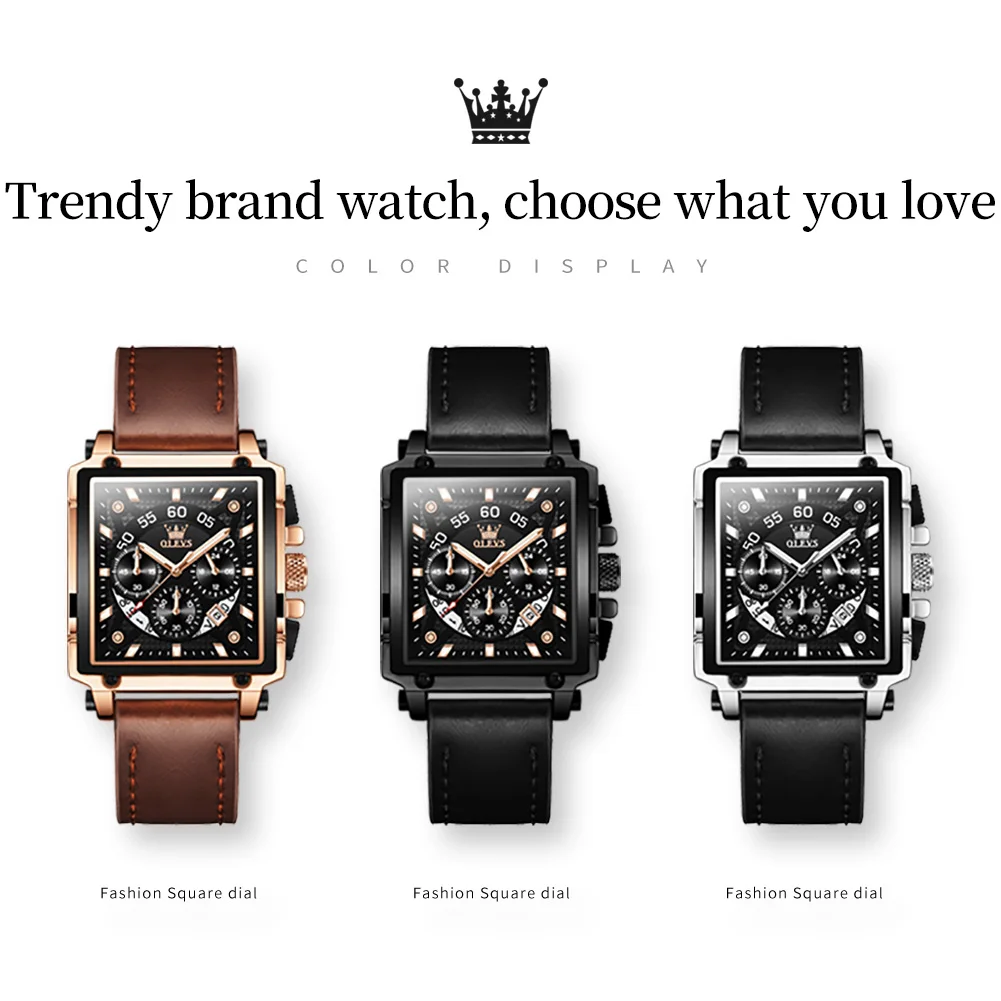 OLEVS Quartz Square Watches for Men Luxury Leather Strap Calendar Waterproof Luminous Wristwatches Sport Clock Relogio Masculino