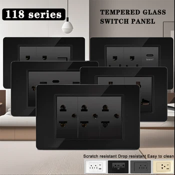 118 Series 118*75mm Tempered Glass US Thai Wall Socket Dual USB Type-C Ports Light Switch 110V 16A Home Office America Standard