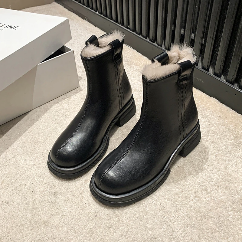 2024 New Trend Warm Chelsea Boots Mid Heel Zipper Plush Women's Shoes Casual High Heels Non-Slip Thick Heels Single Shoes