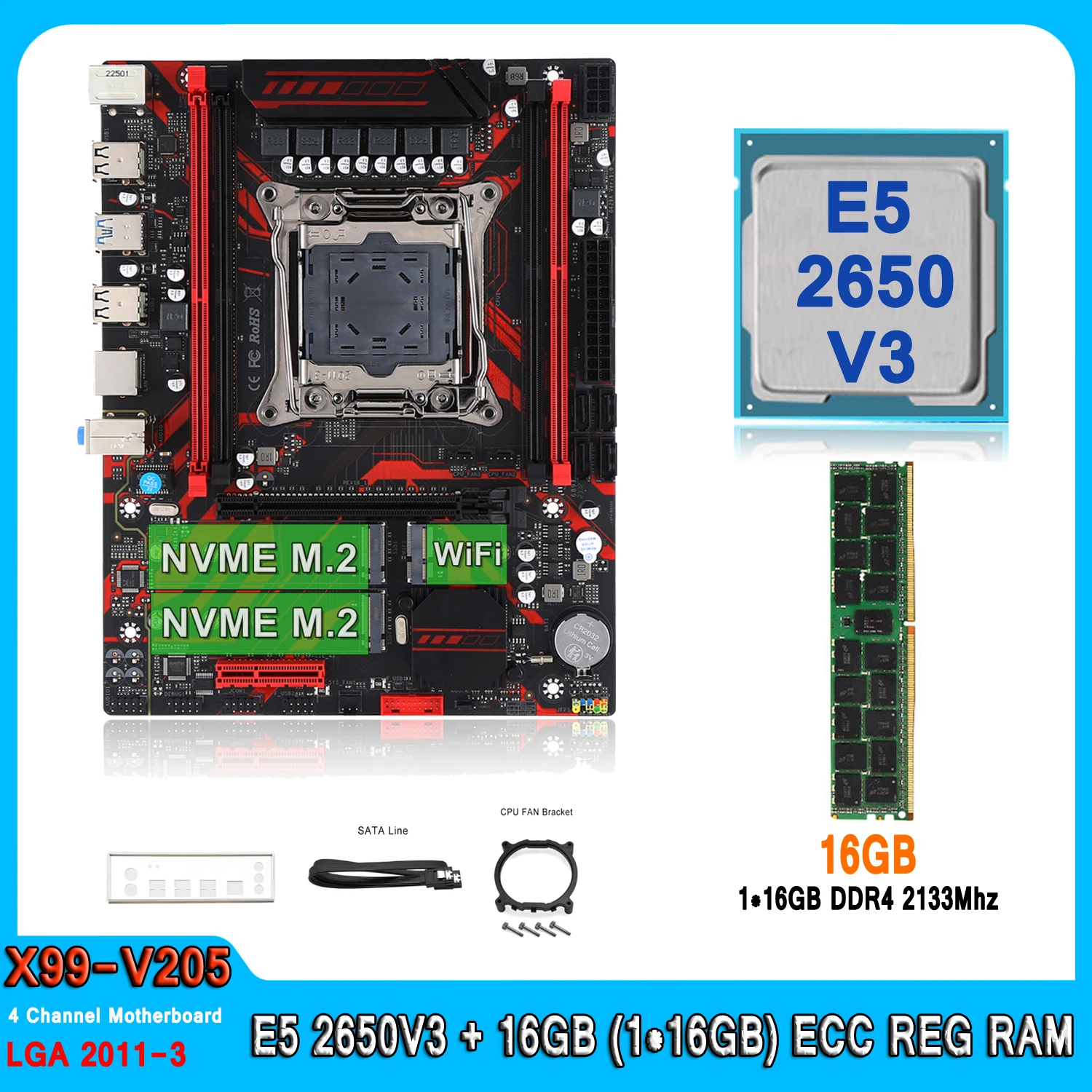 Набор материнской платы X99, системная плата с процессором E5 2650V3, 16 Гб (1*16 ГБ), DDR4, ECC память, Φ E5 2650V3, четырехканальная материнская плата