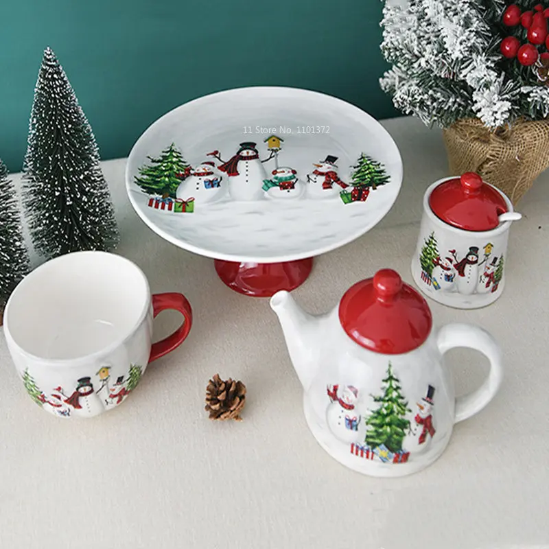 Juego de vajilla y plato de muñeco de nieve de Navidad, tarro de
