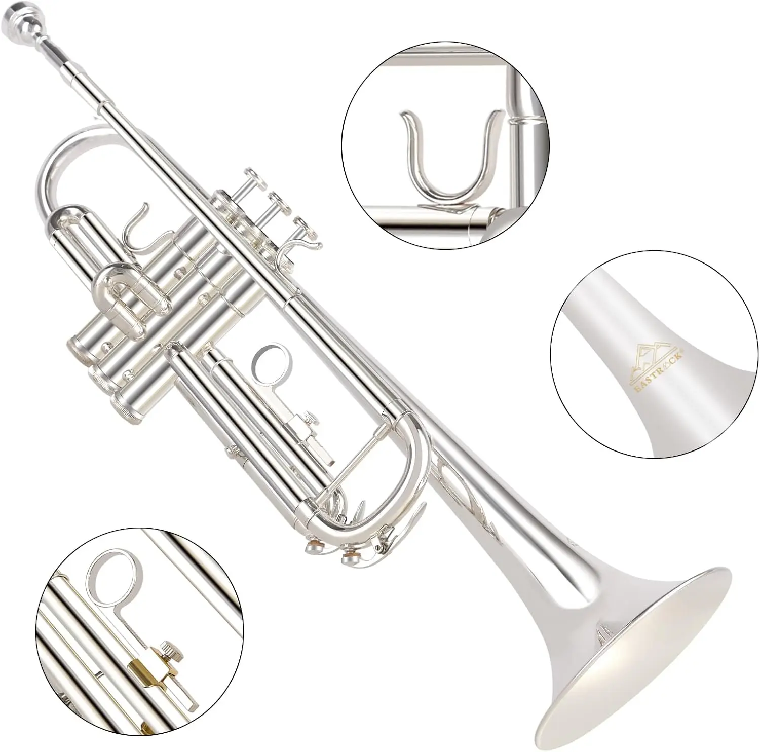 Bb Trumpet Standard Trumpet Set with Carrying Case,Gloves, 7C Mouthpiece, Cleaning Kit, Tuning Rod (Silver)