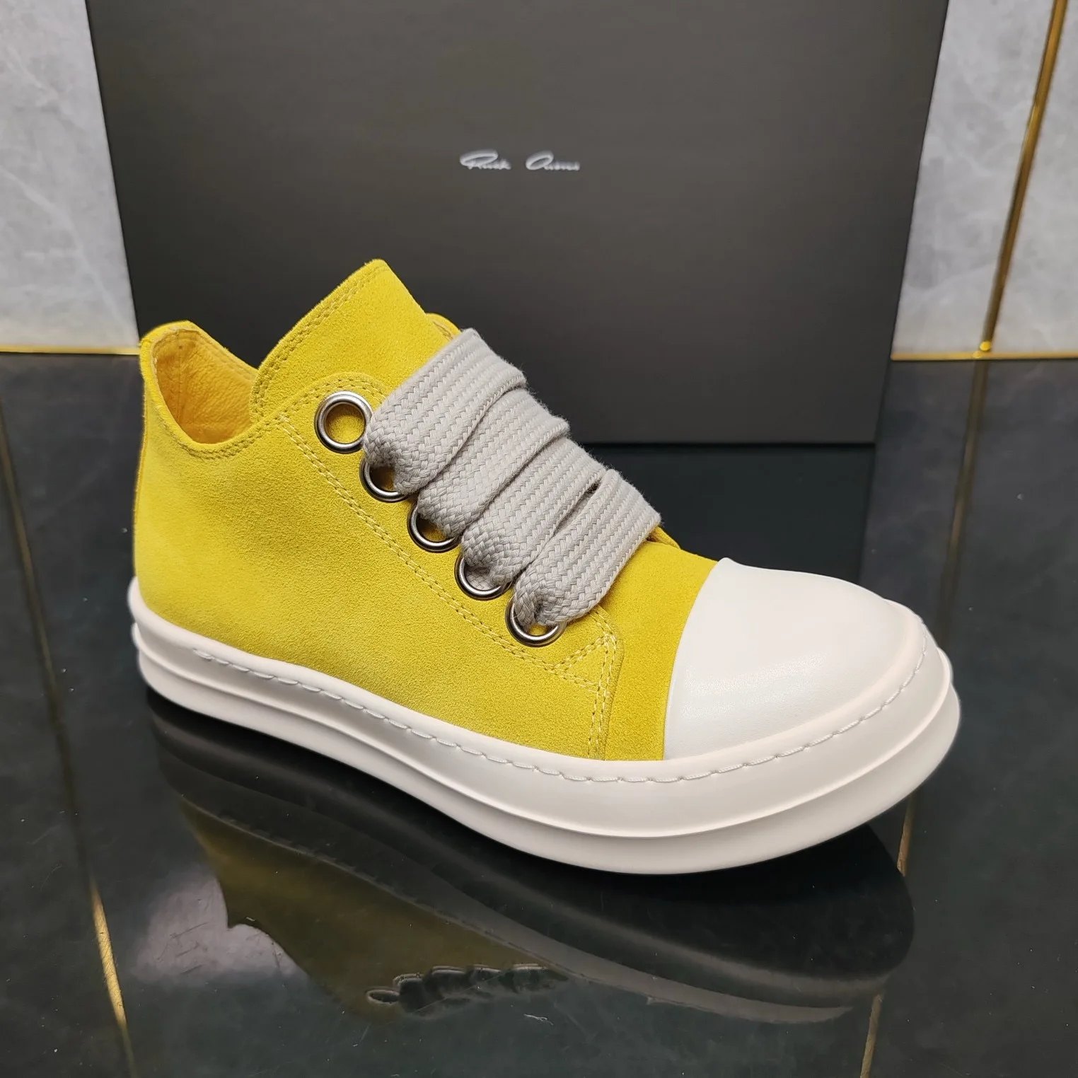 Rick shoes yellow suede casual shoes with thick leather straps and owens canvas shoes, Hong Kong style couple shoes. 4
