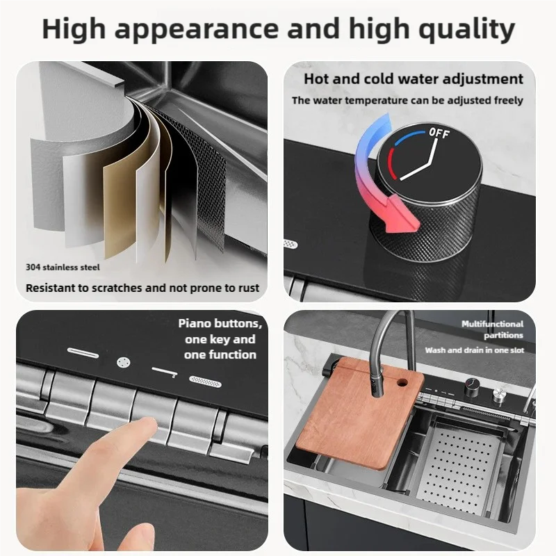 Stainless Steel Kitchen Sink Waterfall Faucet Large Single Sink Intelligent Dishwasher Digital Display and Light Effects