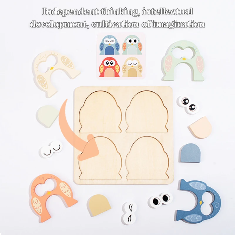 Owl Tangram Montessori Puzzles Toys Face Change Expression Shape Matching Games Intelligence Educational Wooden Toys for Kids 3