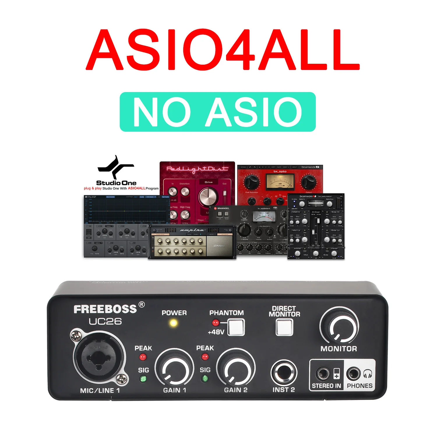 Freeboss 외부 Usb 사운드 카드 24Bit 48KHz ASIO4ALL 컴퓨터 녹음 스튜디오 기타 48V XLR 오디오 인터페이스 미니 UC26