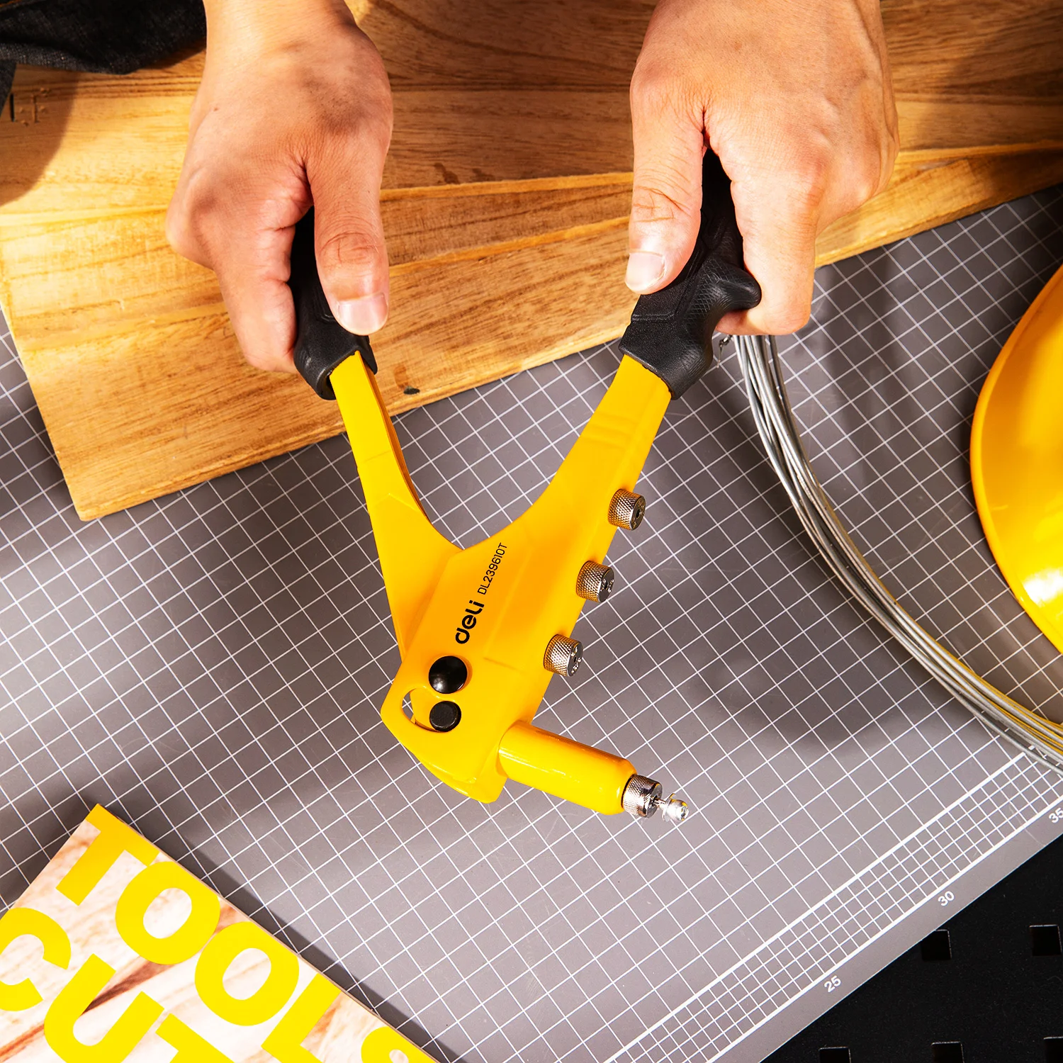 Deli 10.5in Yellow Single-Hand Rivet Gun, Durable Steel Construction with Ergonomic Handle, For Riveting Metal, Plastic