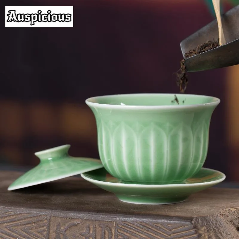 150ml Creative Longquan Celadon Gaiwan Antique Handmade Lotus Petal Tea Tureen Zen Tea Maker Cover Bowl Cha Services Craft