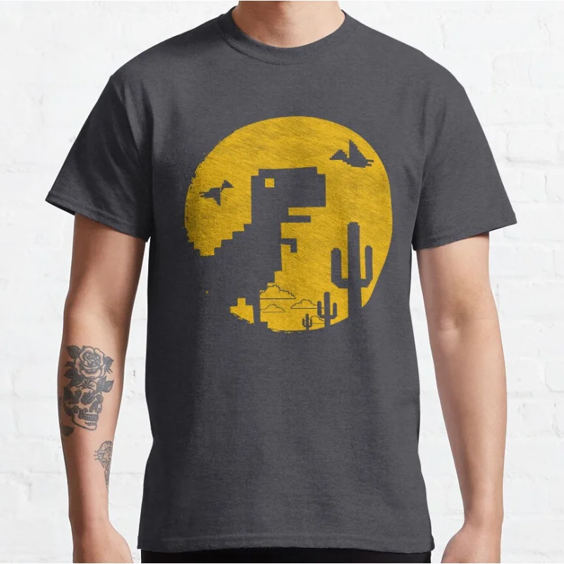 Retro Dinosaur Pixel Art T-Shirt - Funny 90s Video Game Design for Men, Large Size Adult Tops
