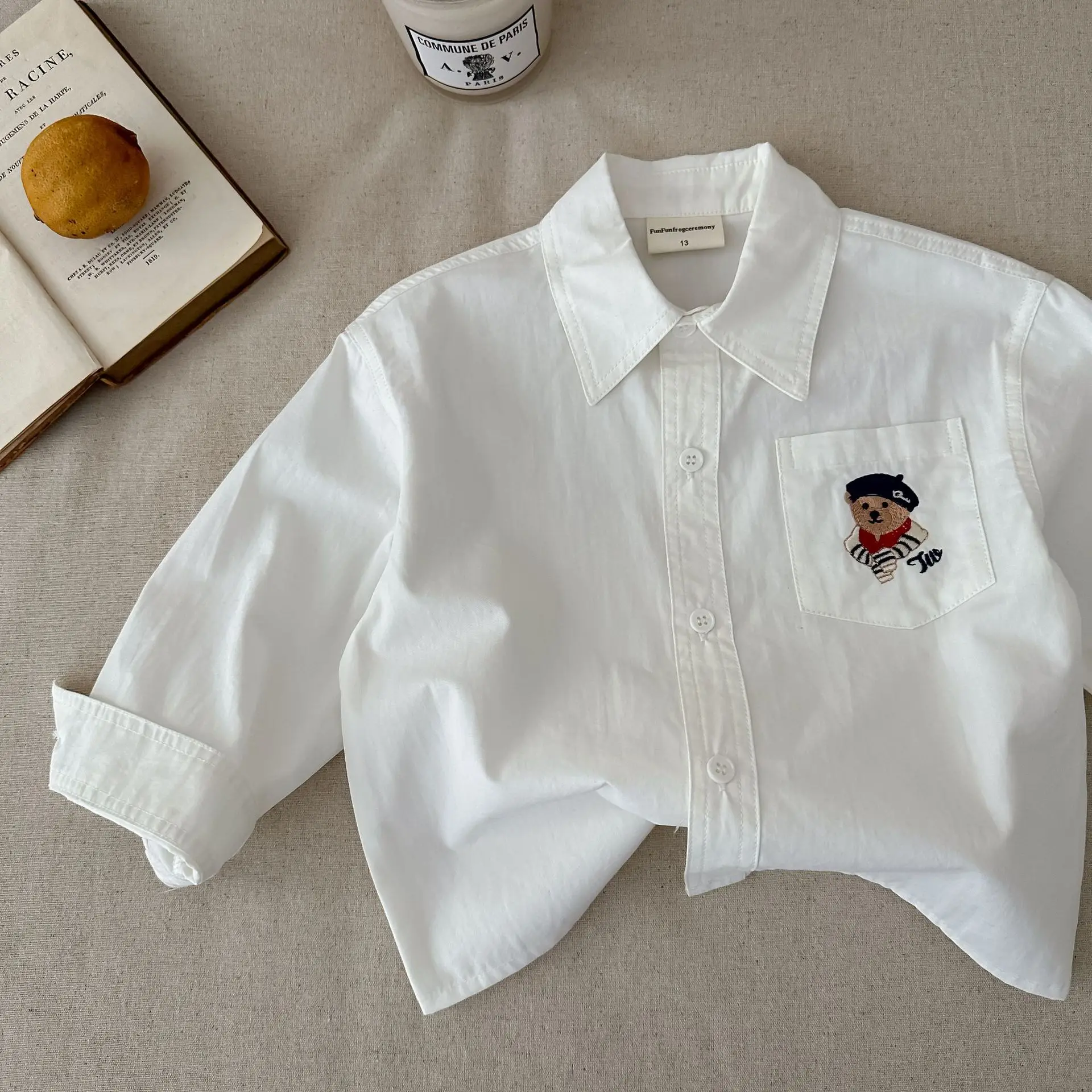 Spring Autumn Boys Casual Cotton Long Sleeve Blouse with Embroidery Bear Two Colors