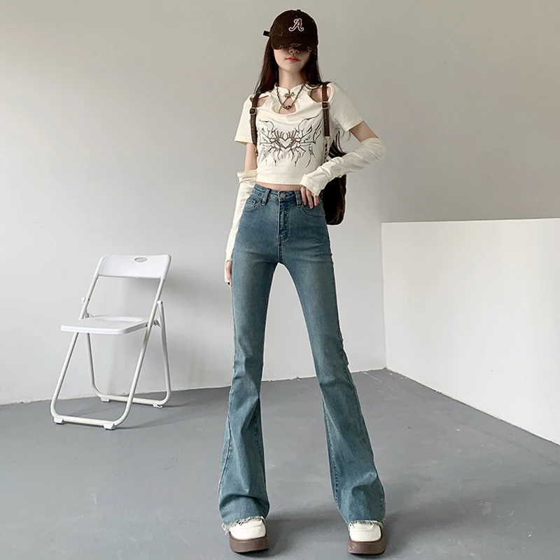 Elastic Flare Jeans Woman High Waist Trousers Vintage Blue Stretch Cotton Denim Pants Casual Comfortable Slim Fit Jean Raw Edge