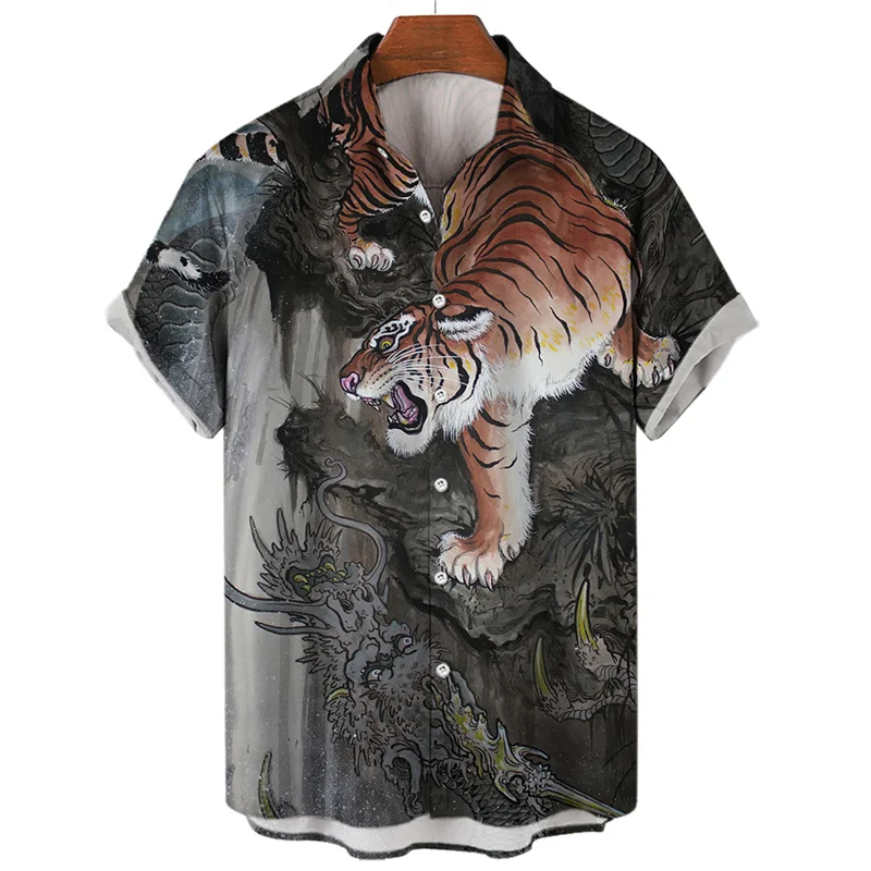 

Men's Dragon Tiger Pattern Chinese Nation Elements Tradition Medieval Ink Painting Shirts Anime Printing Tradition Clothing Hot