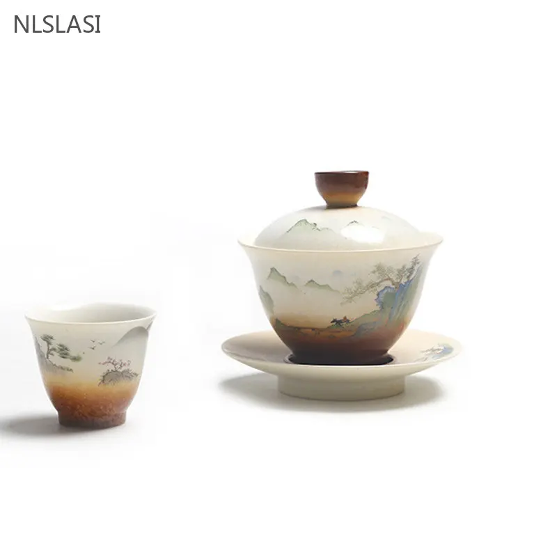 120ml Chinese Style Antique Gaiwan Ceramic Tea Bowl Creative Handmade Tea Infuser Household Set Accessories Porcelain Teacup