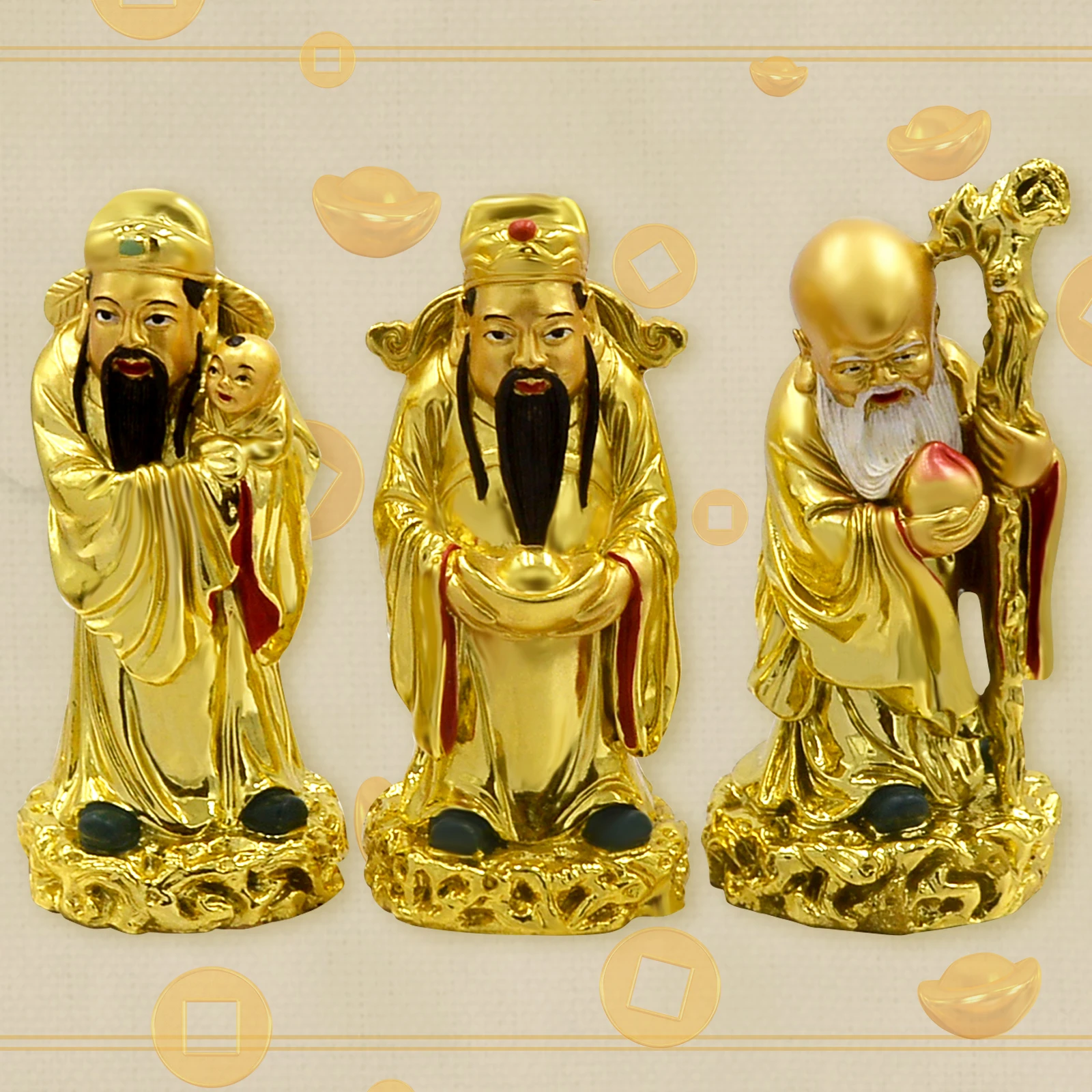 Feng Shui Golden Fu Lu Shou Three Goddesses Fuk Luk Sau H:5" C1037-1 2