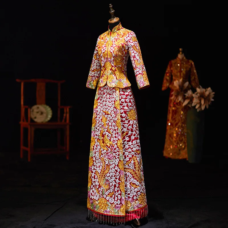 Red Embroidery Oriental Dragon Phoenix Qipao Women Satin Cheongsam Ancient Traditional Chinese Bride Wedding Dress Long Vestidos