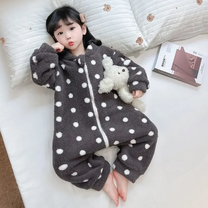 Girls' Jumpsuit Winter Coral Fleece Sleeping Bag New Girls' and Children's Flannel Home Clothes for Boys Polka Dot Rompers