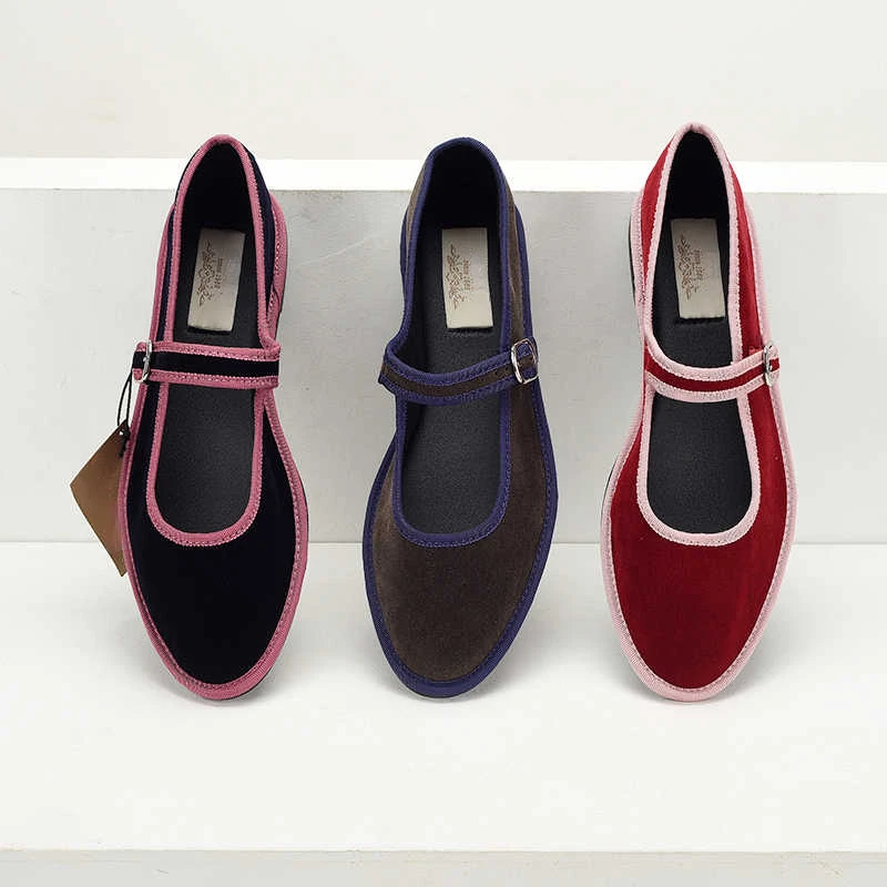 Flats Mary Jane Shoes Women 2024 Trend Velvet Casual Streetwear Ladies Shoes Canvas Buckle Strap Pointed Toe Loafers Elegant 2